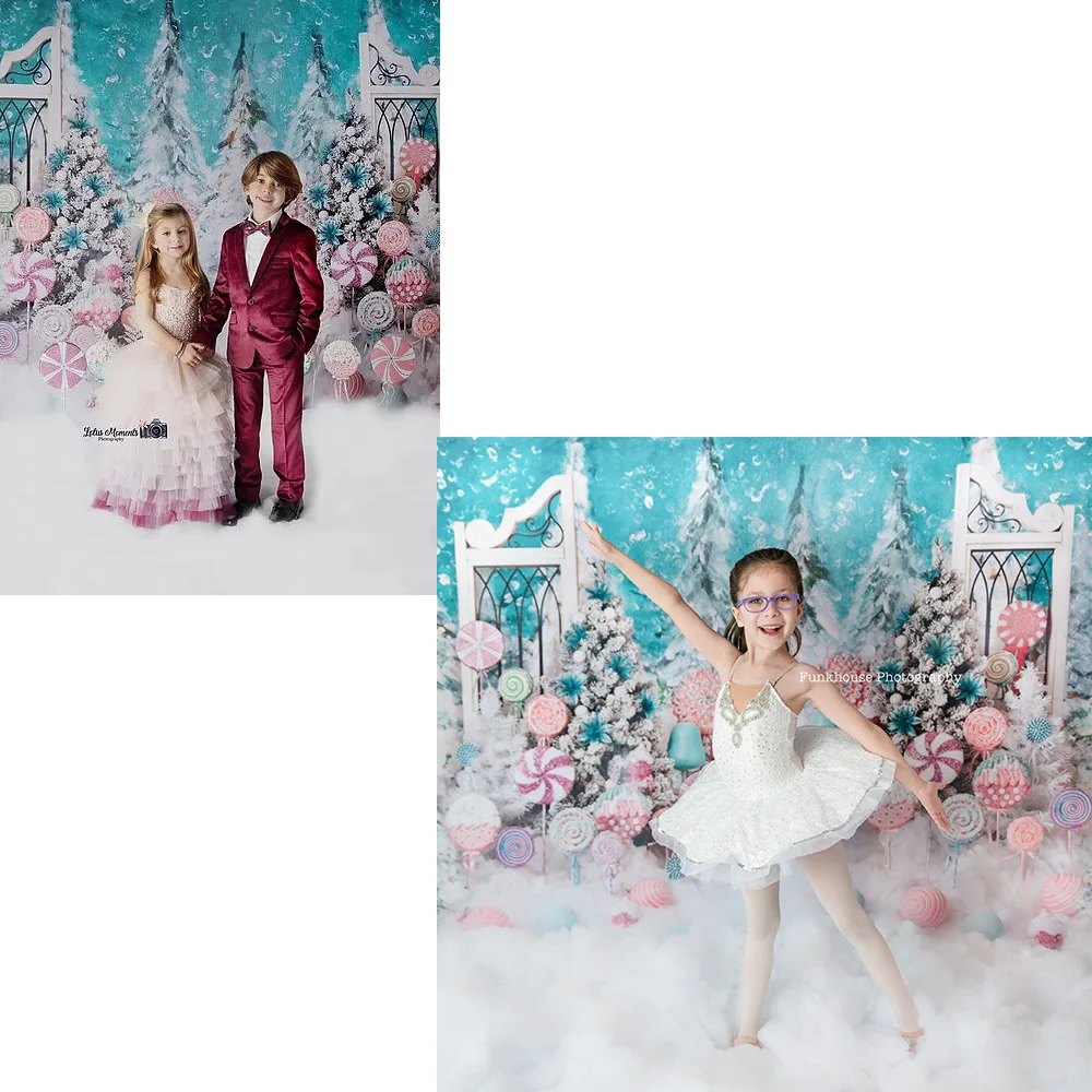 Lollipop Winter Wonderland Photography Backdrop Sweet Children Birthday Portrait Background Painting Trees Kids Cake Smash Decor