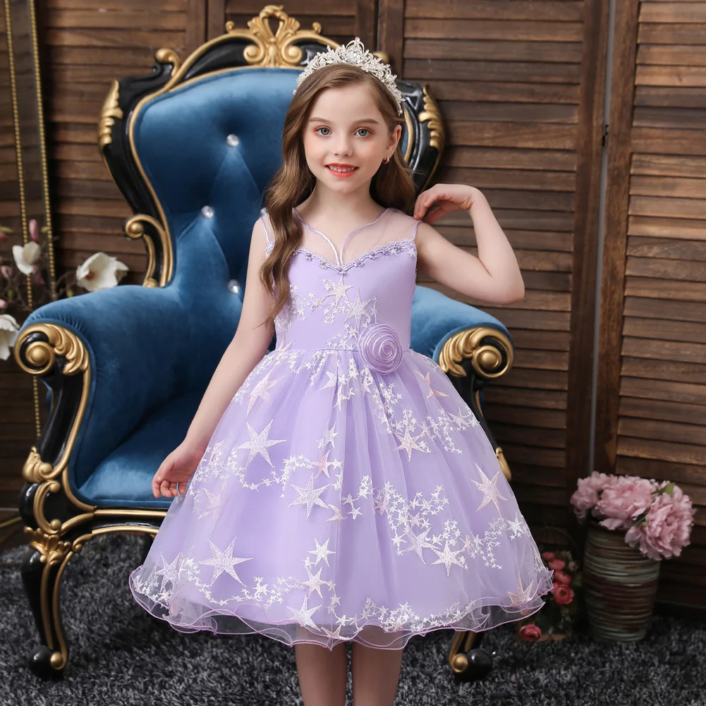 Beauty-Emily Lovely Starry Flower Girl Dress V Neck Party Gowns For Children KIds Christmas Party Dress Baby Dress With Big Bow