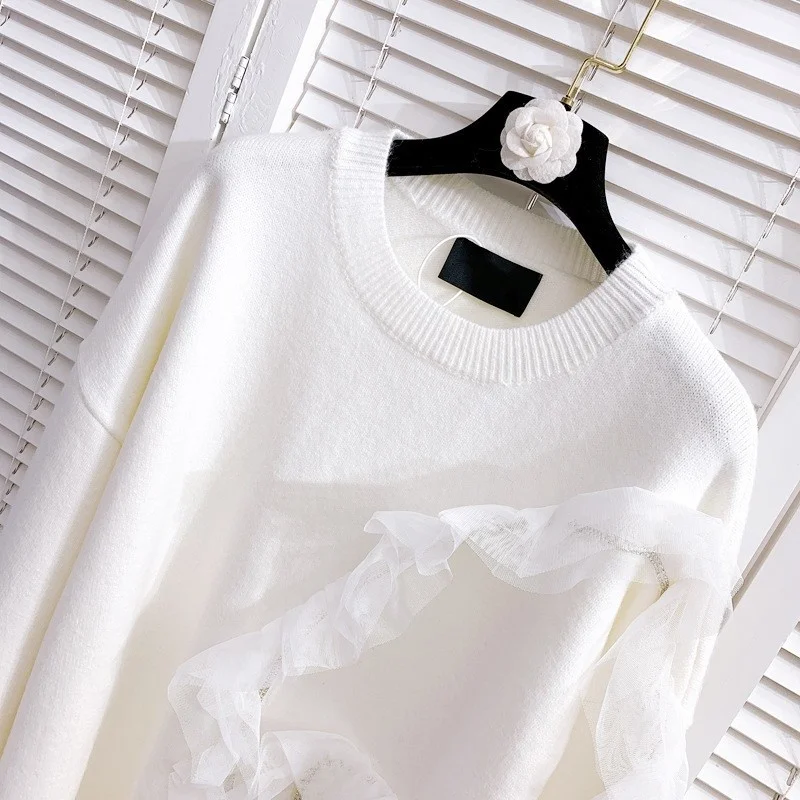 O-Neck Women Mesh Spliced Pullover Sweaters Autumn Winter Loose Fit Long Sleeve Warm Tops Fashion Office Lady White Sweater