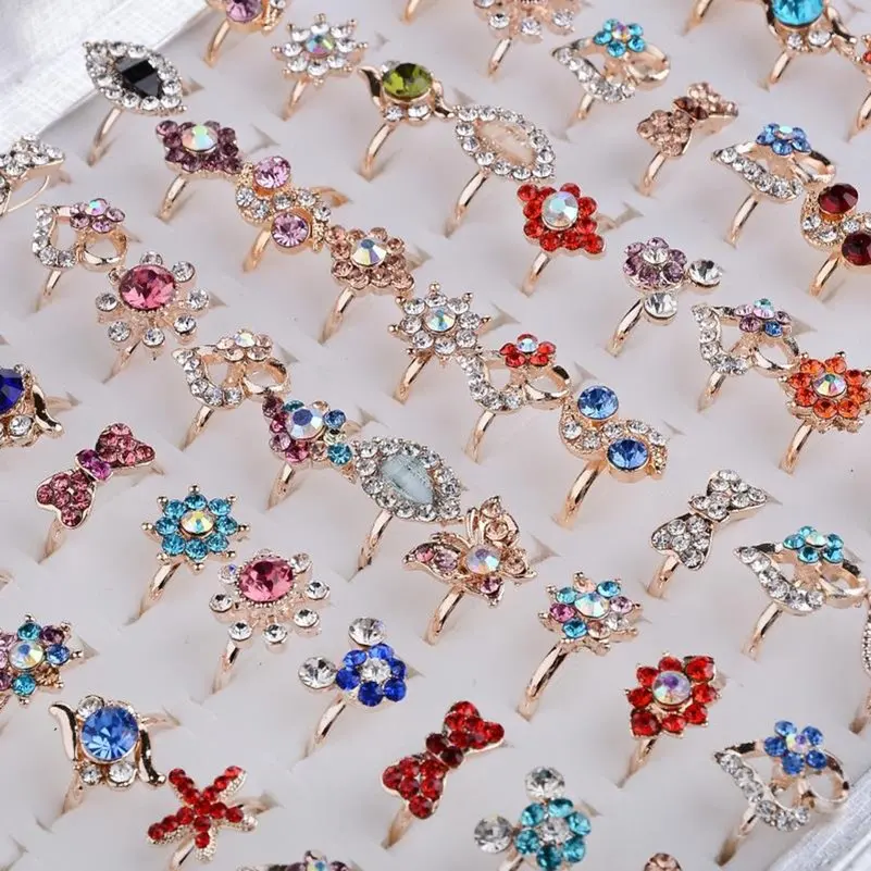 10Pcs Mixed Style Bow Flower Shape Jewelry Lots Colorful Crystal Rhinestone Kid Children Rings for Women Girls