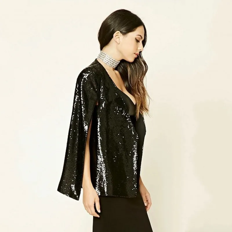 2020 Autumn Black Sequins Party Blazer Coat Women Lapel Split Cloak Cape Female Suit OL Office Workwear Women's Blazer