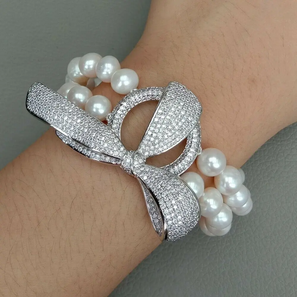 

8'' White Bowknot inlay zircon Pave Connector 2rows 8-9MM White Pearl Bracelet