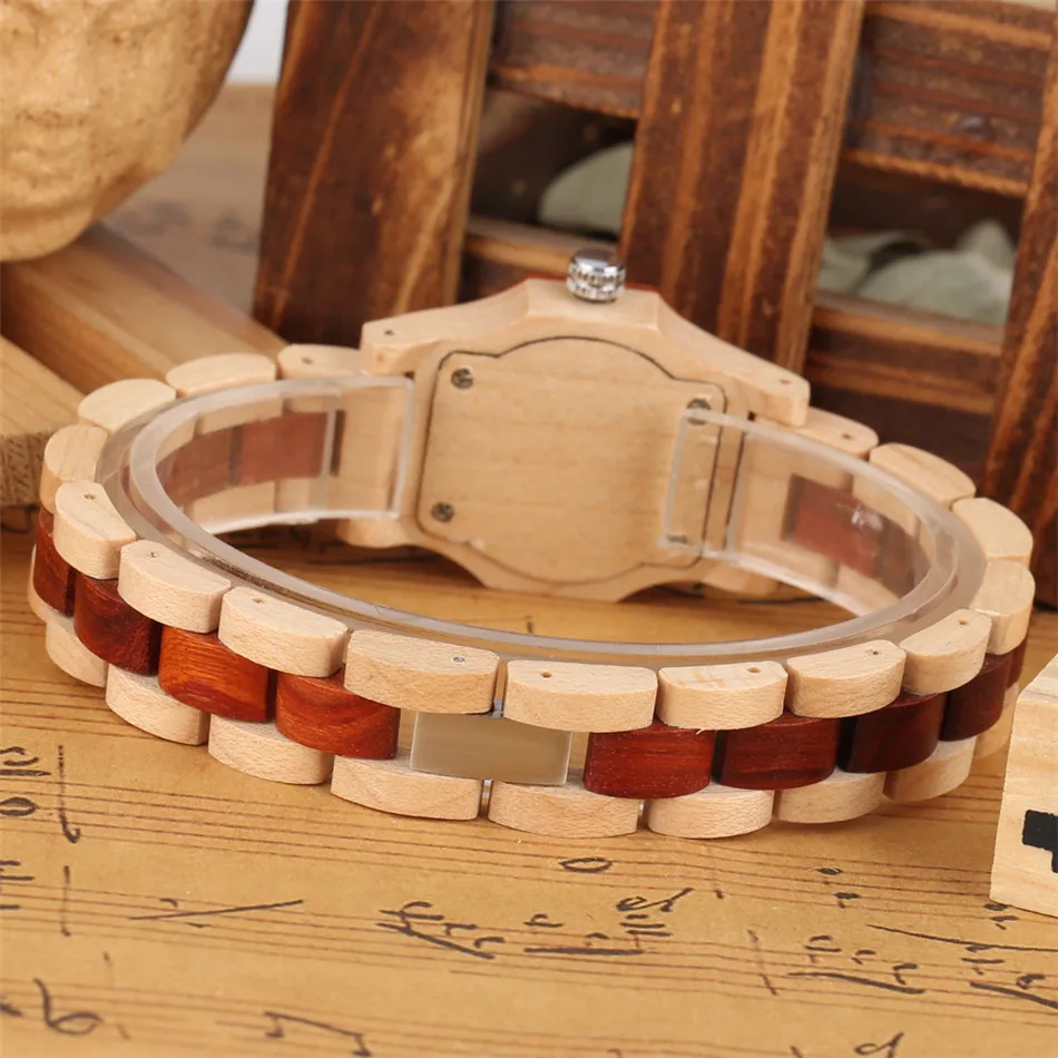 Vogue Rhinestones Display Female Wood Bracelet Wristwatch Quartz Movement Natural Full Wooden Bangle Timepiece Lady Casual Clock