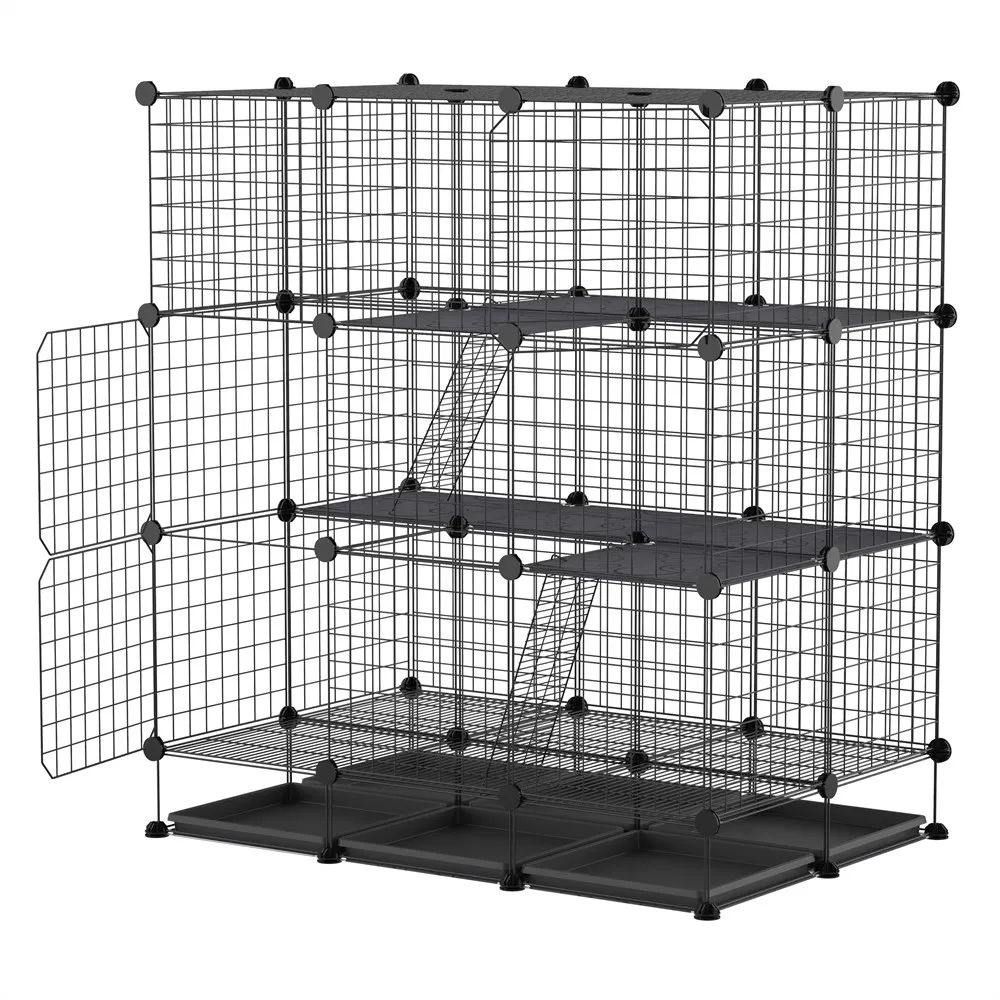 PawHut removable small animal cage with 3 levels and 4 large doors 6 removable trays 111x75x119 cm black