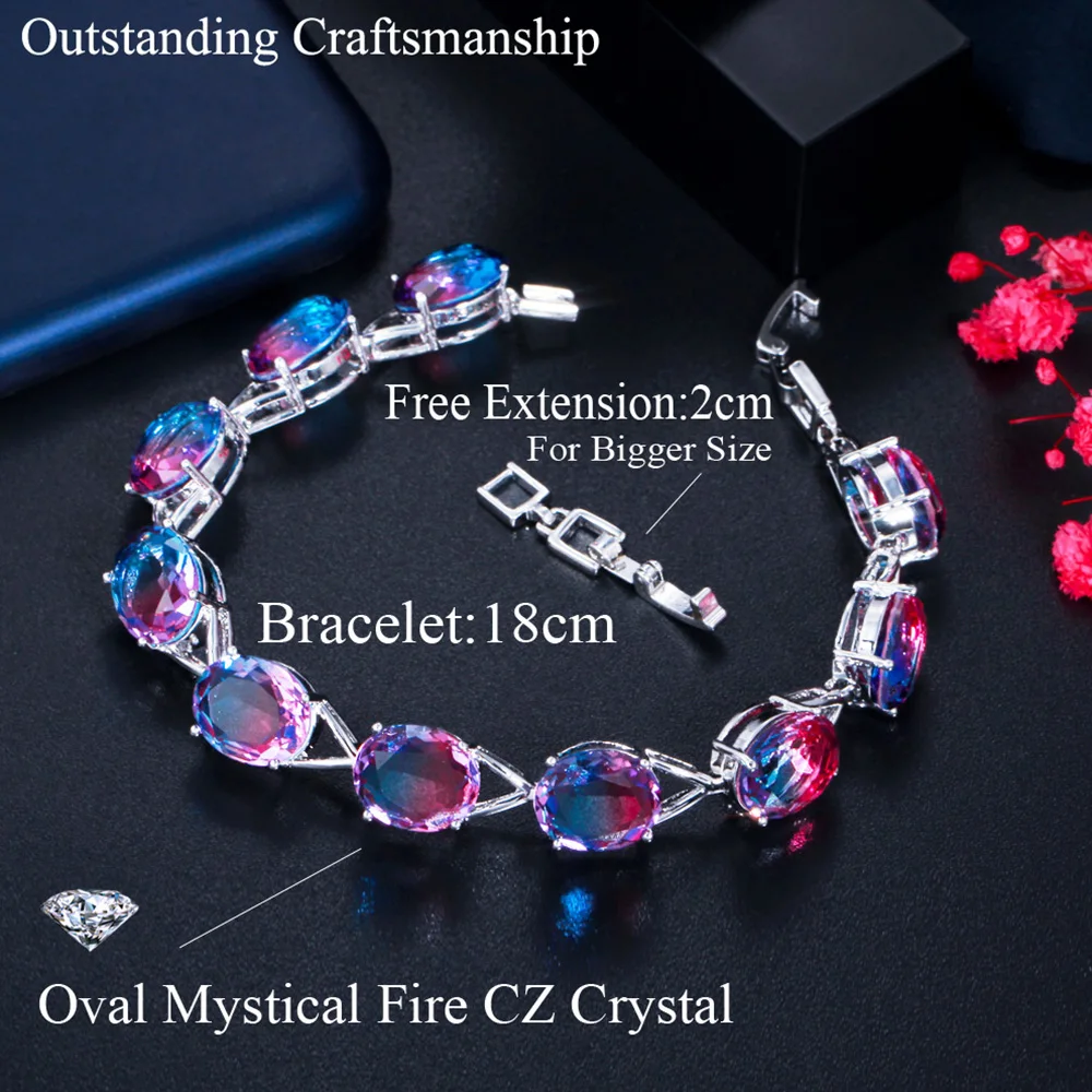 Pera Splendid Rainbow CZ Crystal Silver Color Oval Shape Link Chain Bracelets with Extension for Ladies Party Jewelry Gift B212