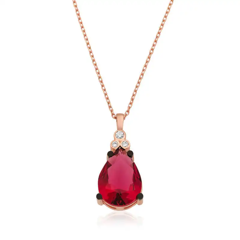 Silver Red Topaz Drop Necklace 925 Sterling Women Fine Jewelry Wedding Party Birthday Gift - Box - Jeweled - Pendant - Chain Choker - Female - Ladies - Fashion