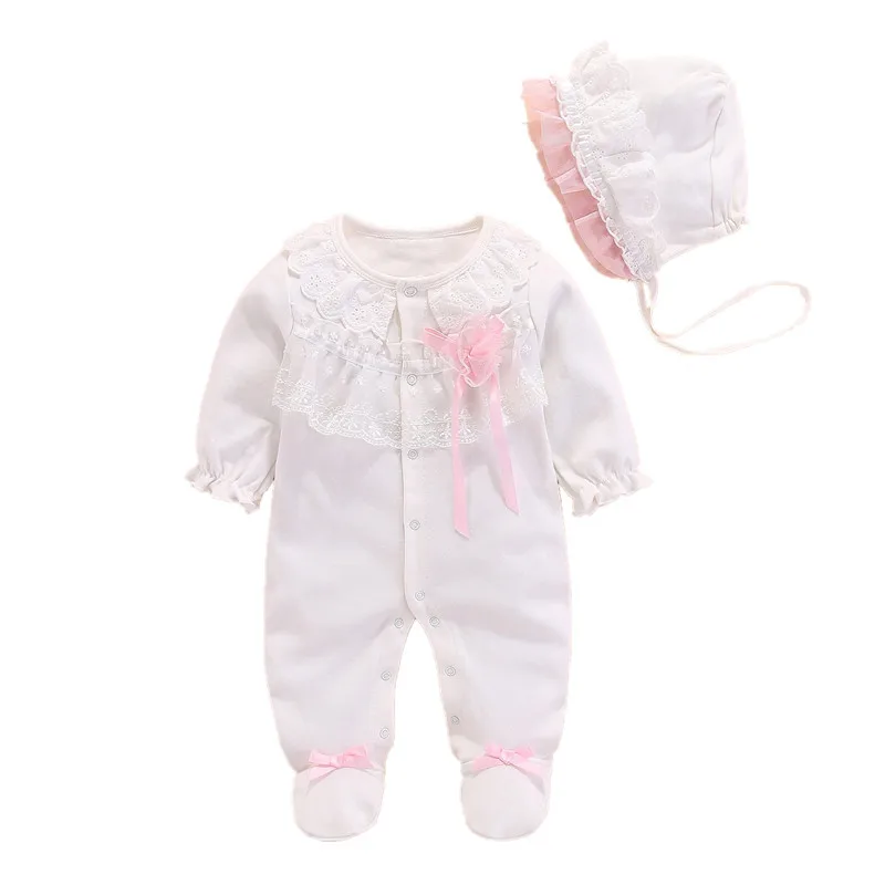 Newborn Baby Jumpsuit With Footies Cotton Pink Lace Ruffle Footies Long Sleeve Jumpsuit Outfit 0 3 6 Months Baby Girl Clothing