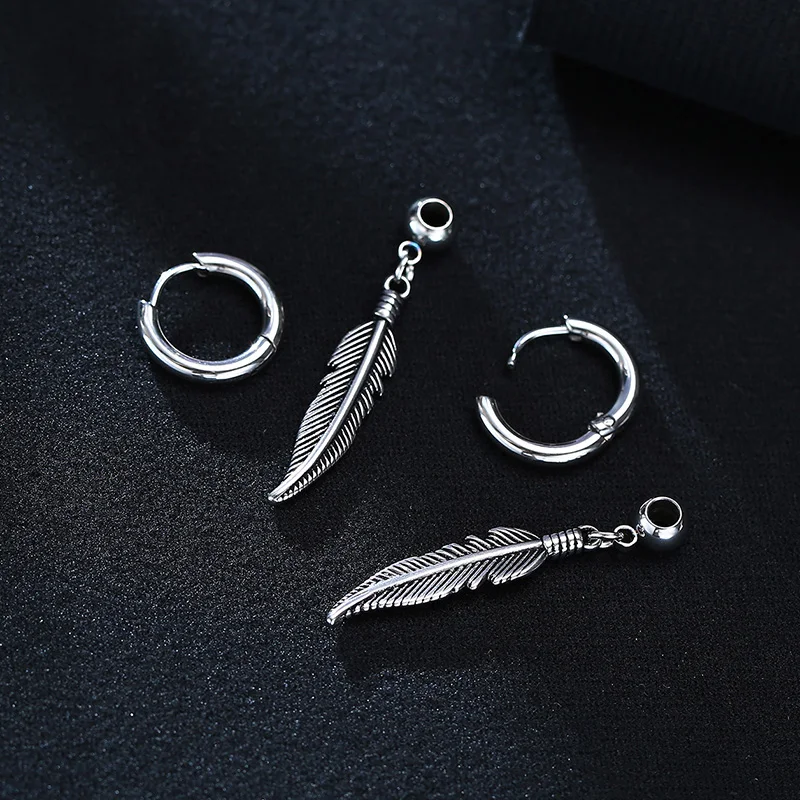 Silver Color Feather Earrings, Native American Indian Charm Earrings,Stainless Steel Hypoallergenic Stainless Steel Hoops Earing