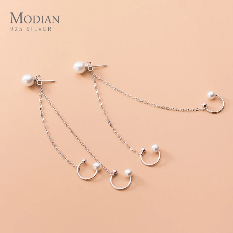 Modian New Arrive 925 Sterling Silver Elegant Pearl Chain C Shape Tassel Clips Earring for Women Wedding Enagament Fine Jewelry