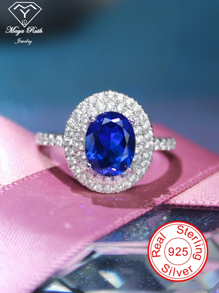 Created Sapphire Gemstone Cocktail Ring For Women Blue Real 925 Sterling Silver Party Anniversary Gift Female Oval Shape Vintage