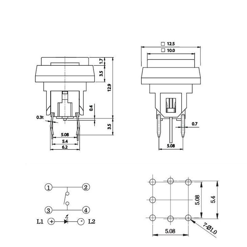 2PCS PB6171FL-1/2/3/4 Micro Push Button Tactile Momentary  With LED Light Switch With sheath Cap diameter: 10*10MM 6X6X12.9MM