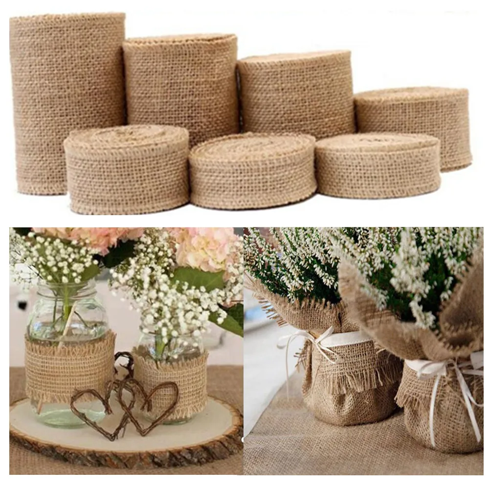 2Yards/Roll Natural Jute Burlap Ribbons for Crafts Vintage Rustic Wedding Party Decorative DIY Home Christmas Gift Wrapping 