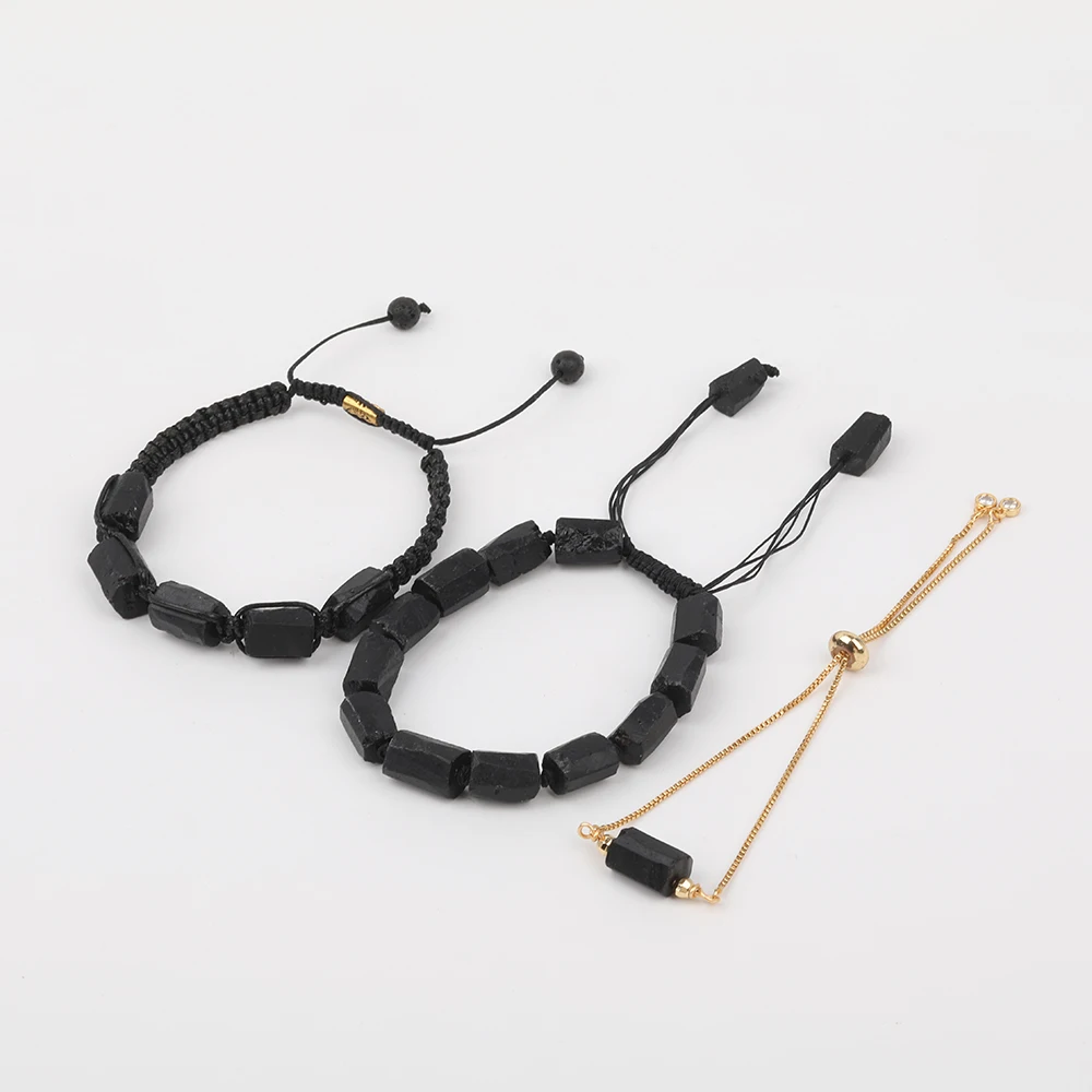 10Pcs/Lot Natural Black Tourmaline Nugget Beads Cord Knotted Adjustable Bracelet Women Gold Chains Tennis Bracelet Wholesales