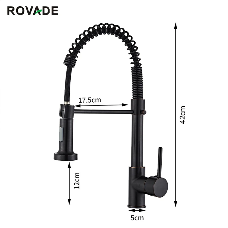 ROVODE Kitchen Faucets Solid Brass Single Handle Single Lever Pull Down Sprayer Spring Kitchen Sink Faucet Matte Black 8032