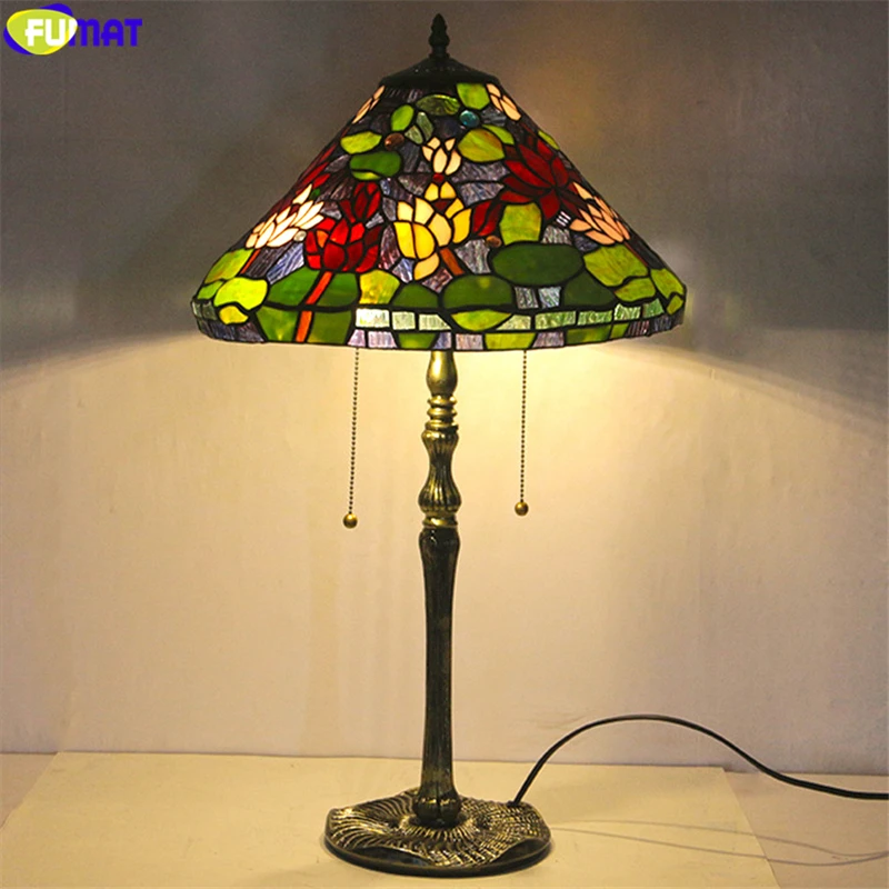 

FUMAT Tiffany Style Stained Glass Table Light Multicolor Rose Lotus Flower Lampshade Arts House Decor Alloy Frame Rero Desk Lamp