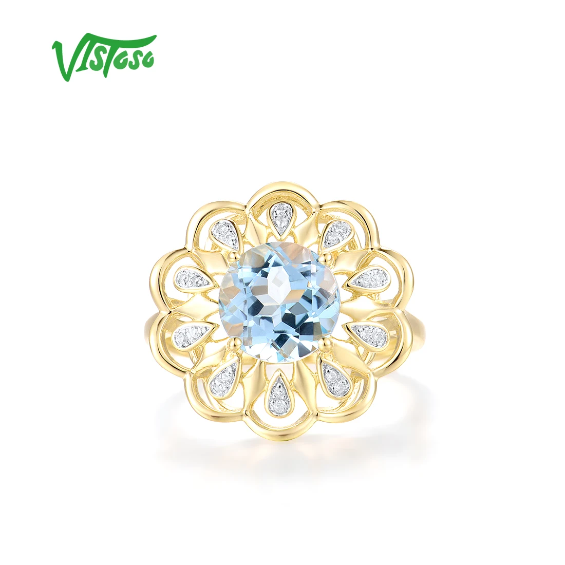 VISTOSO Genuine 14K 585 Yellow Gold Ring For Women Sparkling Blue Topaz Diamond Flower Ring Luxury Glamorous Gift Fine Jewelry