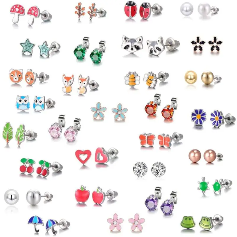 30 Pairs Stainless Steel Mixed Animals Heart Star Ladybug Bee Frog Mushroom Tree Daisy Umbrella Stud Earrings Set Kids