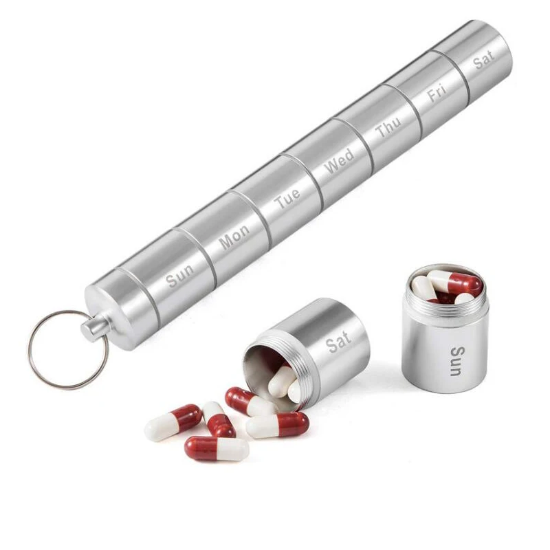 محكم مقاوم للماء 7 أيام سبليت سبائك الألومنيوم صندوق حبوب معدني أسبوعي الطب الفاصل اللوحي التخزين المنظم الحاويات