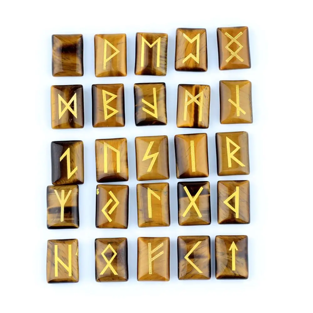 Wholesale 25pcs/lot Natural tiger eye Stone Viking Runes Amulet Set Reiki Healing Crystals Divination Tumbled rectangle Stones