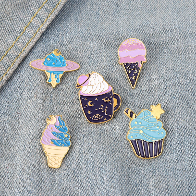 

Starry Ice Cream Enamel Pins Custom Romantic Planet Dessert Egg Cone Food Badge Bag Hat Kid Brooches Collection Gifts Jewelry