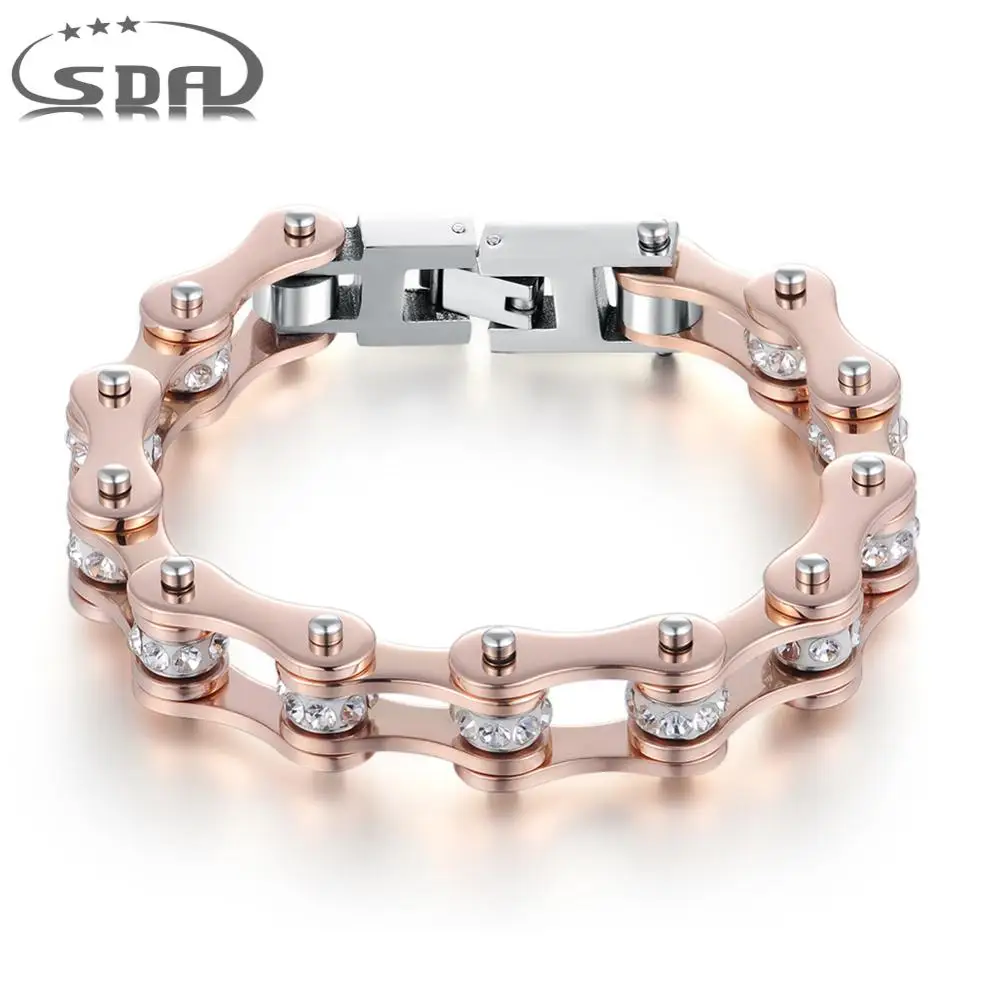 SDA Fashion Rose Gold Color Crystal Women Chain Bracelets 316L Stainless Steel Biker Jewelry