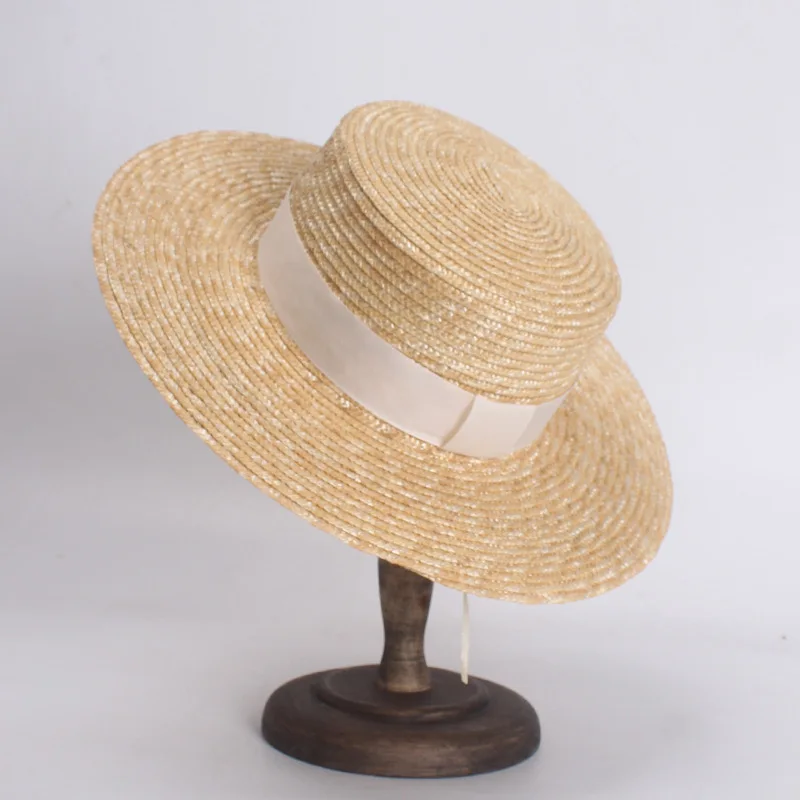 Unisex Boater Straw Hat made of Wheat Straw Flat Top Hat