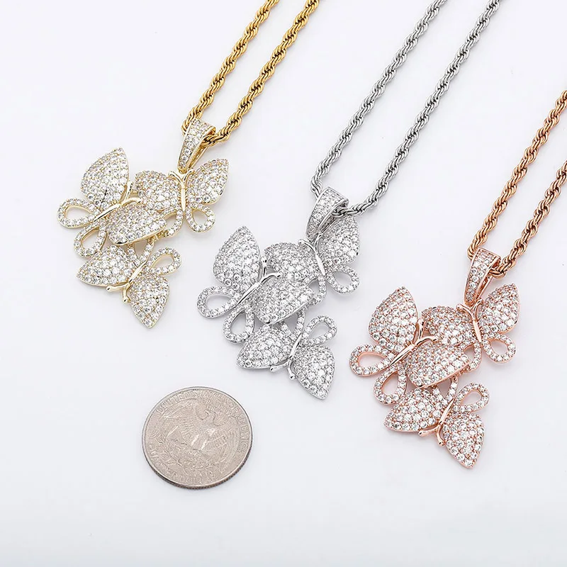 JINAO 2020 NOW HIP HOP High Quality  Personality Iced Out AAA+CZ Three Butterflies Pendant  Women Jewelry For Gift