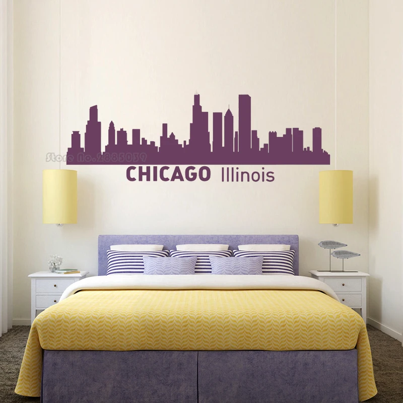 Chicago illinois City Skyline Vinyl Wall Decal Bedroom City Silhouette Space Wall Decor Mural Living Room Wall Art Gifts LL908