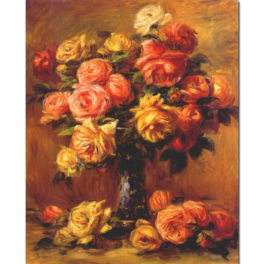 Hand Painted Oil Reproduction of Pierre Auguste Renoir Roses In Vase Still Life Canvas Art Floral Painting Wall Decor Modern Red