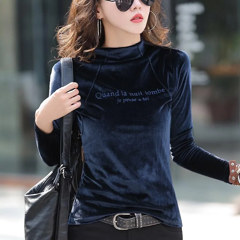 #0321 Autumn Winter Long Sleeve T Shirt Women Pleuche Slim Casual Basic T Shirt Female Embroidery Letter Velvet Solid Color Warm