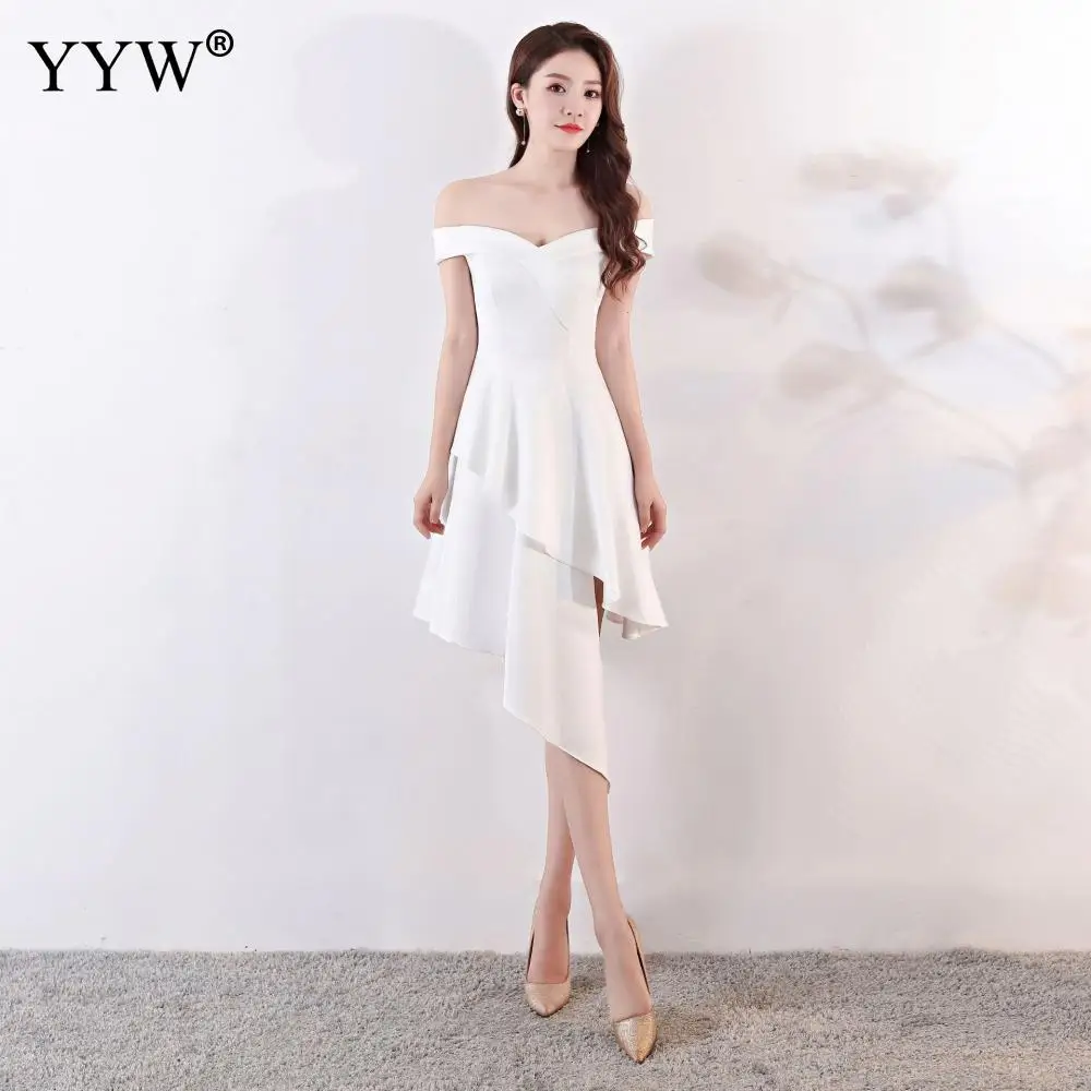 Cotton Ôm Vai Ngắn Dạ Hội Không Đều Rủ Rắn Sinh Nhật Tiệc Cocktail Đầu Gối Chiều Dài Thanh Lịch Abendkleider