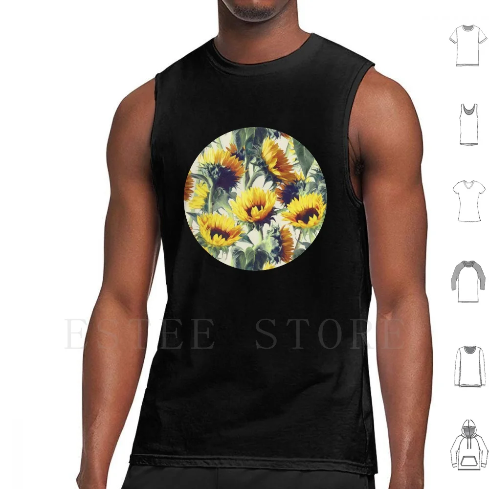 Sunflowers Forever Tank Tops Vest Sleeveless Sunflowers Sunflower Floral Pattern Painted Yellow Olive Green Cream Grey