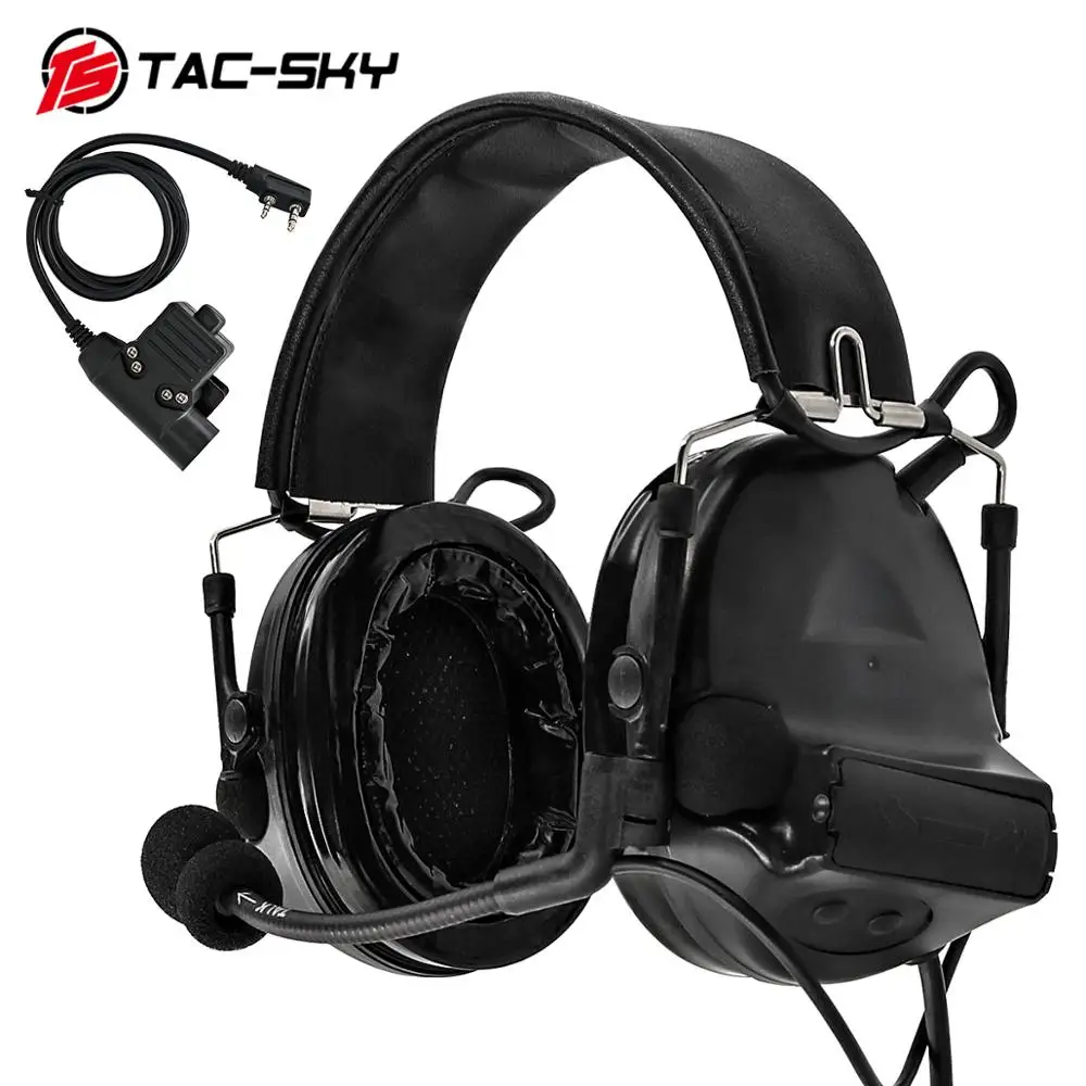 TAC-SKY U94 Kenwood Plug PTT + COMTA II Silicone Earmuffs Noise Reduction Pickup Military Shooting Tactical Headset BK