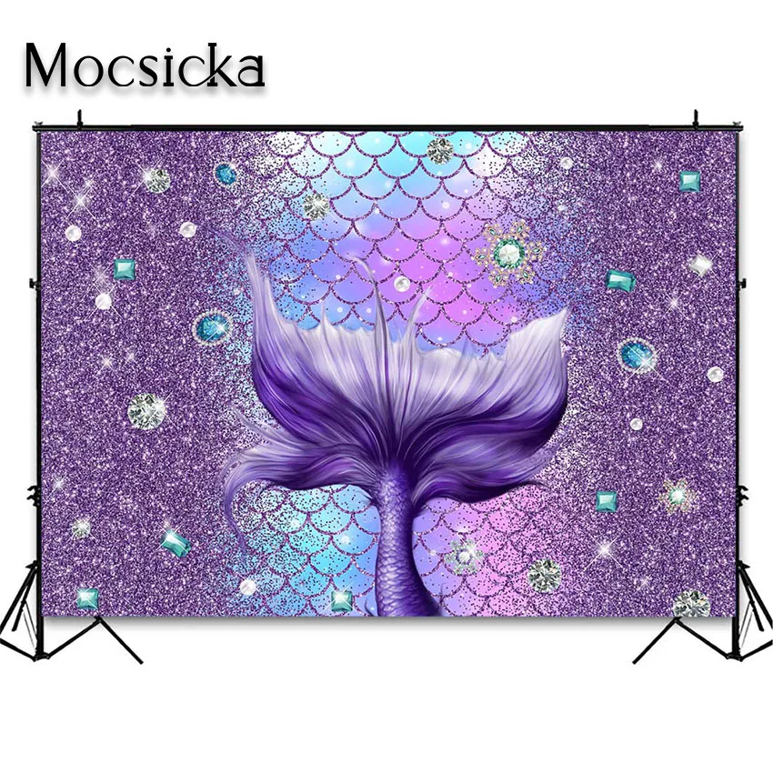 Mocsicka Mermaid Backdrop Tail Glitter Purple Pink Mermaid Party Photo Background Baby Shower Birthday Party Decorations Banner