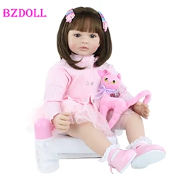 60cm Silicone Reborn Baby Doll Soft Vinyl Pink Dress Princess Toddler Babies Dress Up Play House Toys Birthday Gift