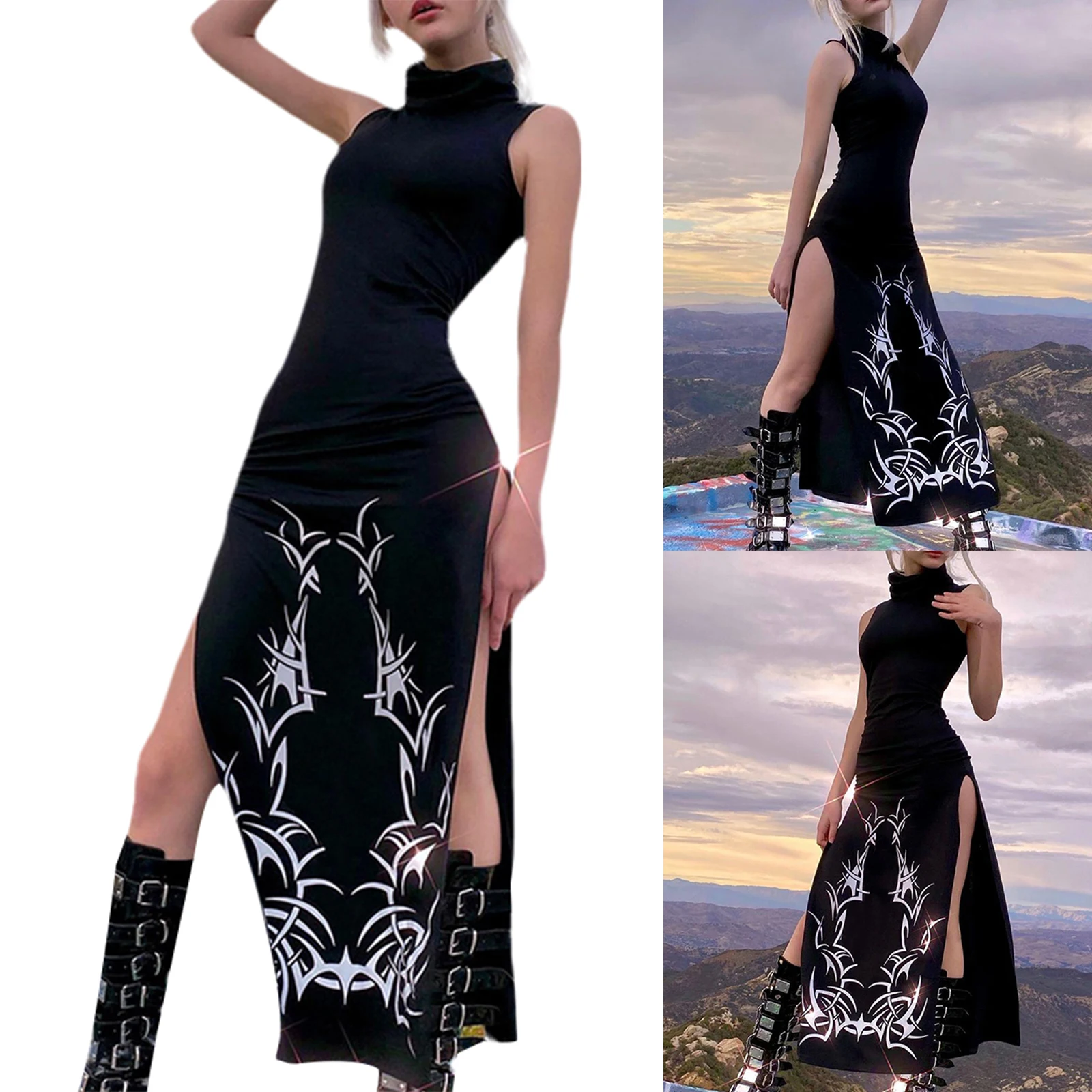 เซ็กซี่ผู้หญิงสูงแยกชุดสไตล์โกธิคยาวชุดคอเต่า Vintage Ladies Sheath Club Long Dress Sundress