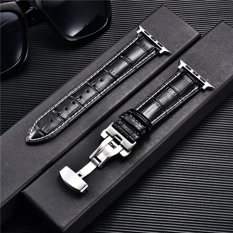 

Business Men Leather Straps For Apple Watch 6 5 4 3 SE Butterfly Buckle Watch Bracelet 44mm 42mm 40mm 38mm Watchband For Iwatch