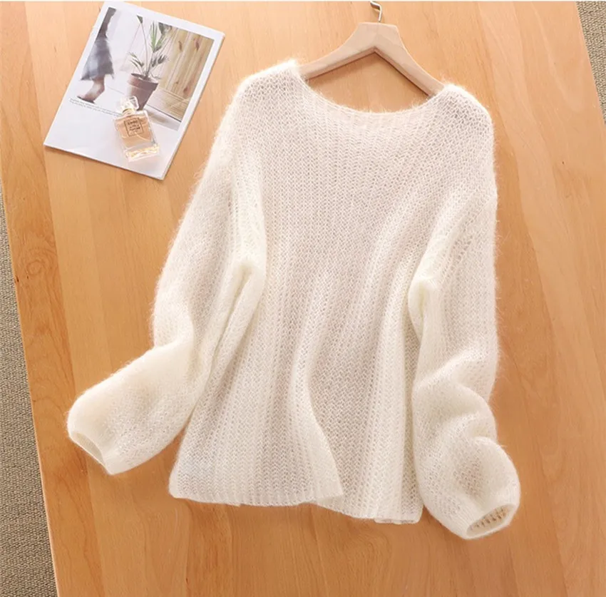 JSXDHK New 2024 Spring Autumn Mohair Blue Thin Sweater Tops Fashion Women O Neck Knitted Hollow Out Soft Loose Pullovers Ladies