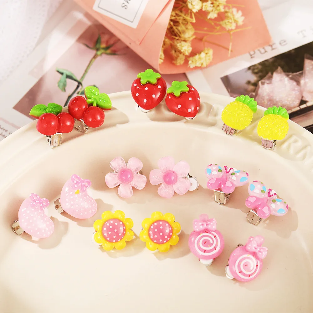 Children Baby Girl Jewelry Kids Cute Animal Fruit Cherry Resin Ear Clip On Pierced Party Gift Cartoon Flower Earrings