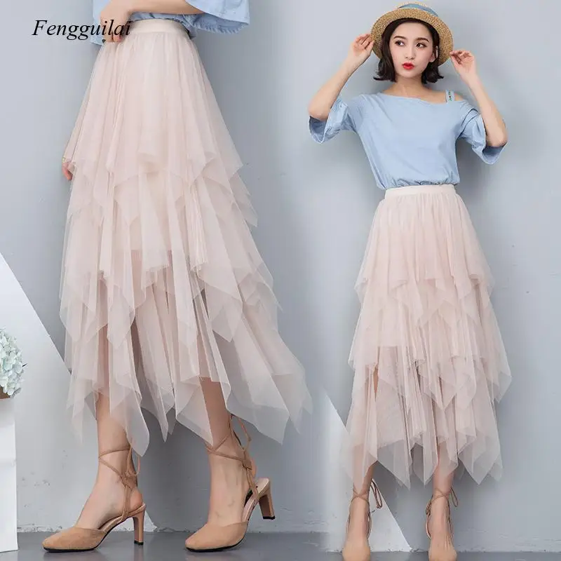 Women Irregular Tulle Skirts Fashion Elastic High Waist Mesh Tutu Skirt Pleated Long Skirts Midi Skirt Saias Faldas Jupe Femmle