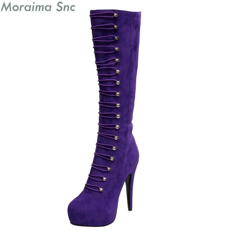 Newest sexy purple platform shoes women winter round toe high heels knee high boots button gladiator stiletto heel boots shoes