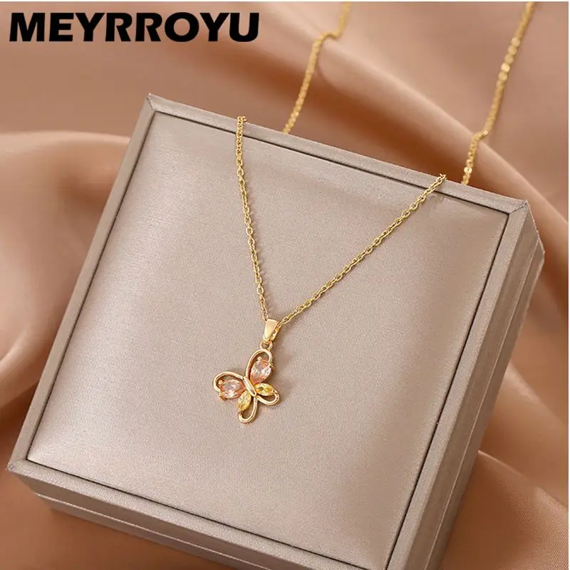 

MEYRROYU Stainless Steel Hollow Out Butterfly Necklaces For Women Sweet Fashion Zircon Thin Chain Choker 2021 Trend New Jewelry