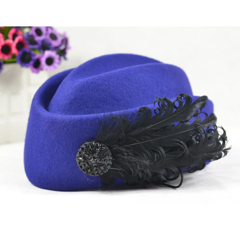 Elegant Wool Feather Bow Airline Stewardess White Women\'s Fedora Caps Formal Lady Hat Royal Style DomeChapeu MAERSHEI