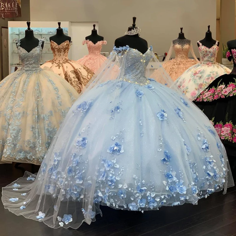 Licht Blau Lange Ärmel Quinceanera Kleid mit 3D Appliqued Weg Von der Schulter Pageant Kleider vestidos de 15 años