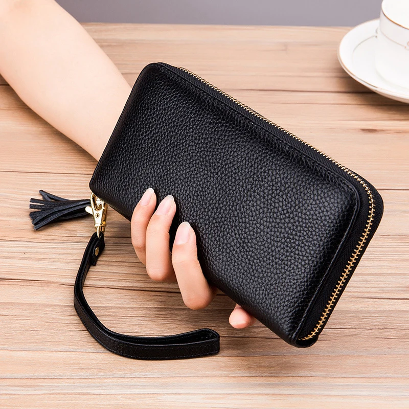 Rfid Wallet Women Classic Genuine Leather Long Zipper Purse Business Card Holder Clutch Wallets Ladies Stylish Tassels Wrist Bag