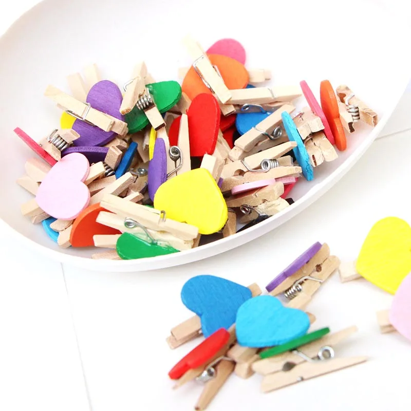 Clip de foto de corazón de amor de color de madera de 20 piezas, clavija de papel para notas, papelería para ropa, Día de San Valentín, boda,