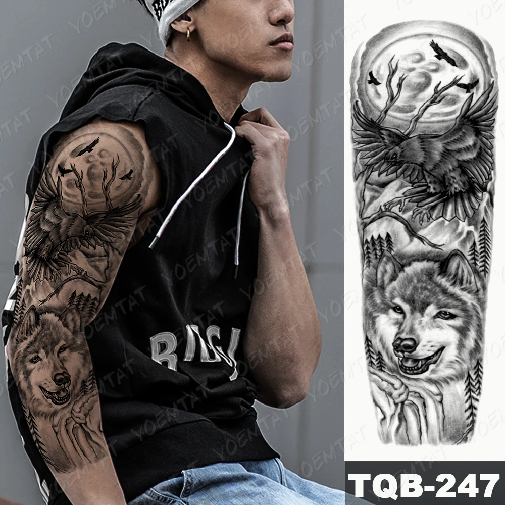 Large Arm Sleeve Tattoo Bird Crow Forest Moon Waterproof Temporary Tatto Sticker Lion Wolf Clock Body Art Full Fake Tatoo Men