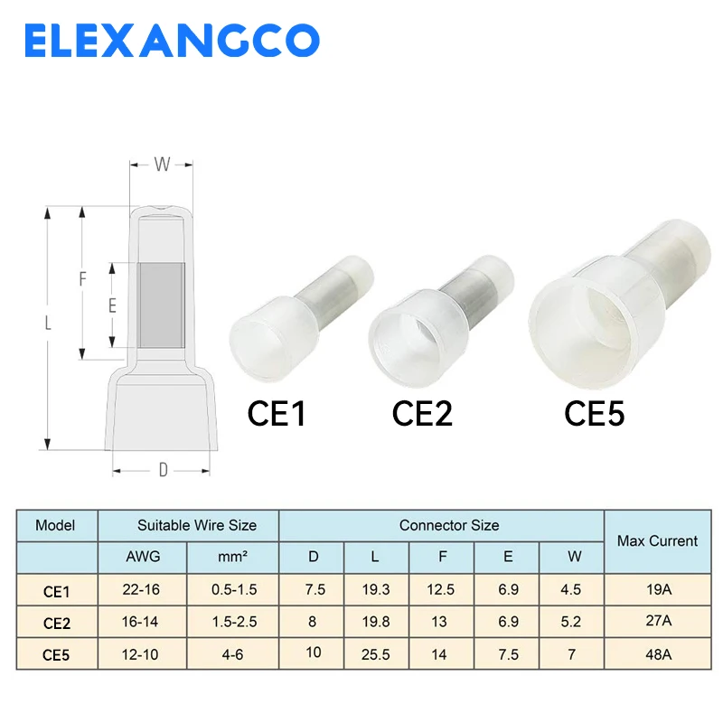 100PCS Closed End Crimp Connector 22-16AWG  Core and Nylon Wire Connectors Crimp Cap Wire Terminals 0.4-6mm CE1 CE2 CE5