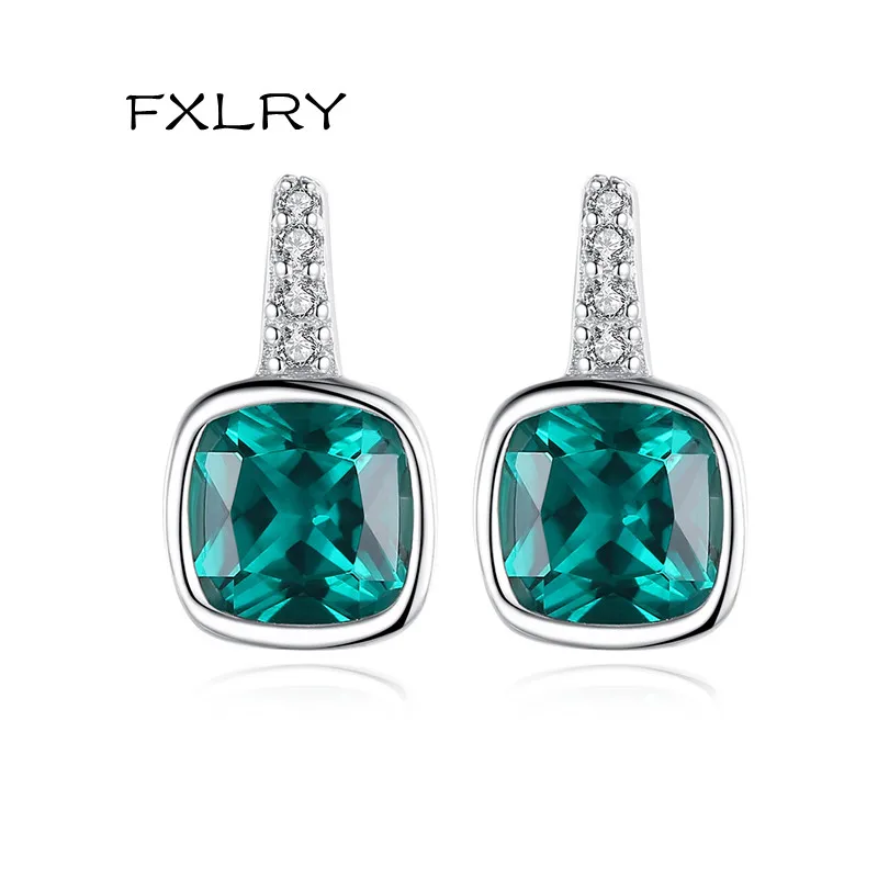 FXLRY Elegant Micro-inlaid Zircon Square Green CZ Stud Earrings for Women Jewelry