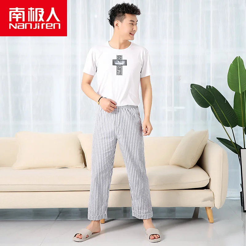 Nanjiren-pantalones de dormir para hombre, ropa de dormir fina, 100% algodón, pantalones informales para el hogar, antimosquitos, gran oferta